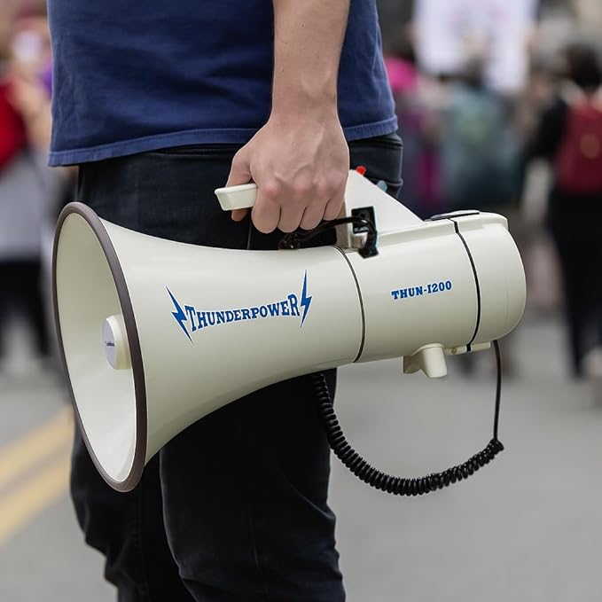 ThunderPower THUN1200 Heavy-Duty Extra-Loud Megaphone Speaker – 45 W Bullhorn Megaphone with Siren, 2,000‑Yard Range, Bell & Talk Modes - Loud Speaker Megaphones for Military and Crowd Control
