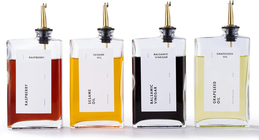 Olive Oil Dispenser for Kitchen, Cooking Oil and Vinegar Dispenser Set, Olive Oil Bottle, Soy sauce dispenser, coffee syrup bottles with stainless steel pourers - 4 pcs, Gold