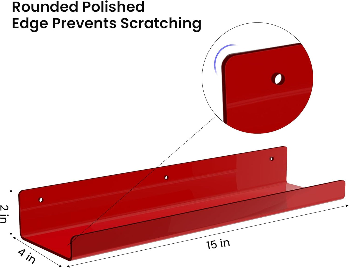 upsimples Acrylic Shelves for Wall Decor, 15" Display Shelf Perfume Organizer for Bathroom, Bedroom, Living Room, Floating Bookshelves for Kids, Clear Red, 4 Pack