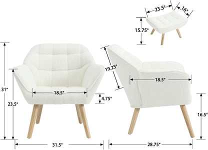 Modern Sherpa Accent Chair with Ottoman Set of 2, Fluffy Upholstered Lounge Chair with Footrest, Comfy Living Room Side Boucle Armchair for Small Space Bedroom, White