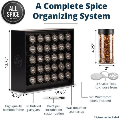 AllSpice Spice Rack Organizer, Wood, 525 Unique Labels, Countertop or Wall Mount, Includes 30 4oz Jars- Matte Black