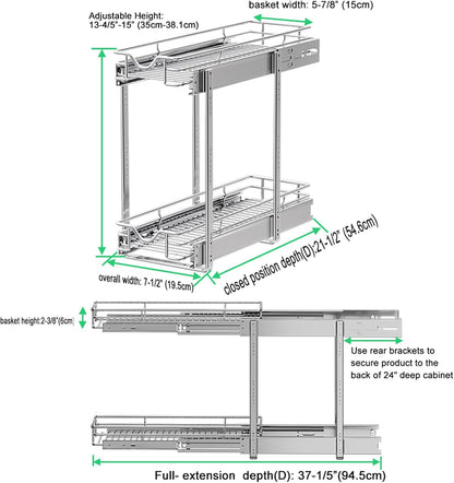DINDON Pull Out Cabinet Organizer (7-1/2" W x 21-1/2"D), Cabinet Pull Out Shelves, 2 Tier Pull Out Drawers for Kitchen Cabinets, Wire Basket Slide Out Shelf for Cabinet Organization