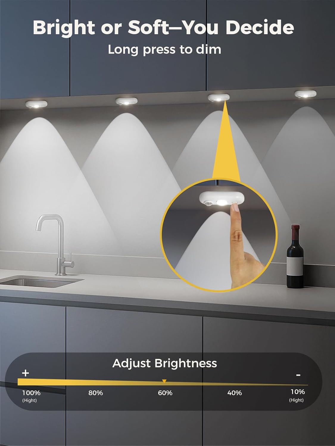 LED Motion Sensor Puck Lights, Under Cabinet Lighting, Indoor Rechargeable Wireless Cabinet Light, Dimmable Magnetic Stick-On Night Lights for Closet, Kitchen, Stairs, 6000K Daylight White 6-Pack