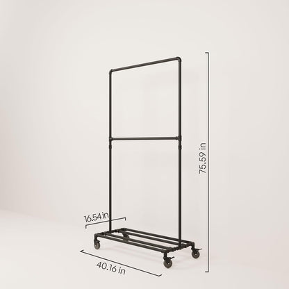 pamo Industrial Pipe Clothing Rack with Shelf - 130 lbs Capacity - Free Standing Clothes Rack and Walk In Closet for Wardrobe