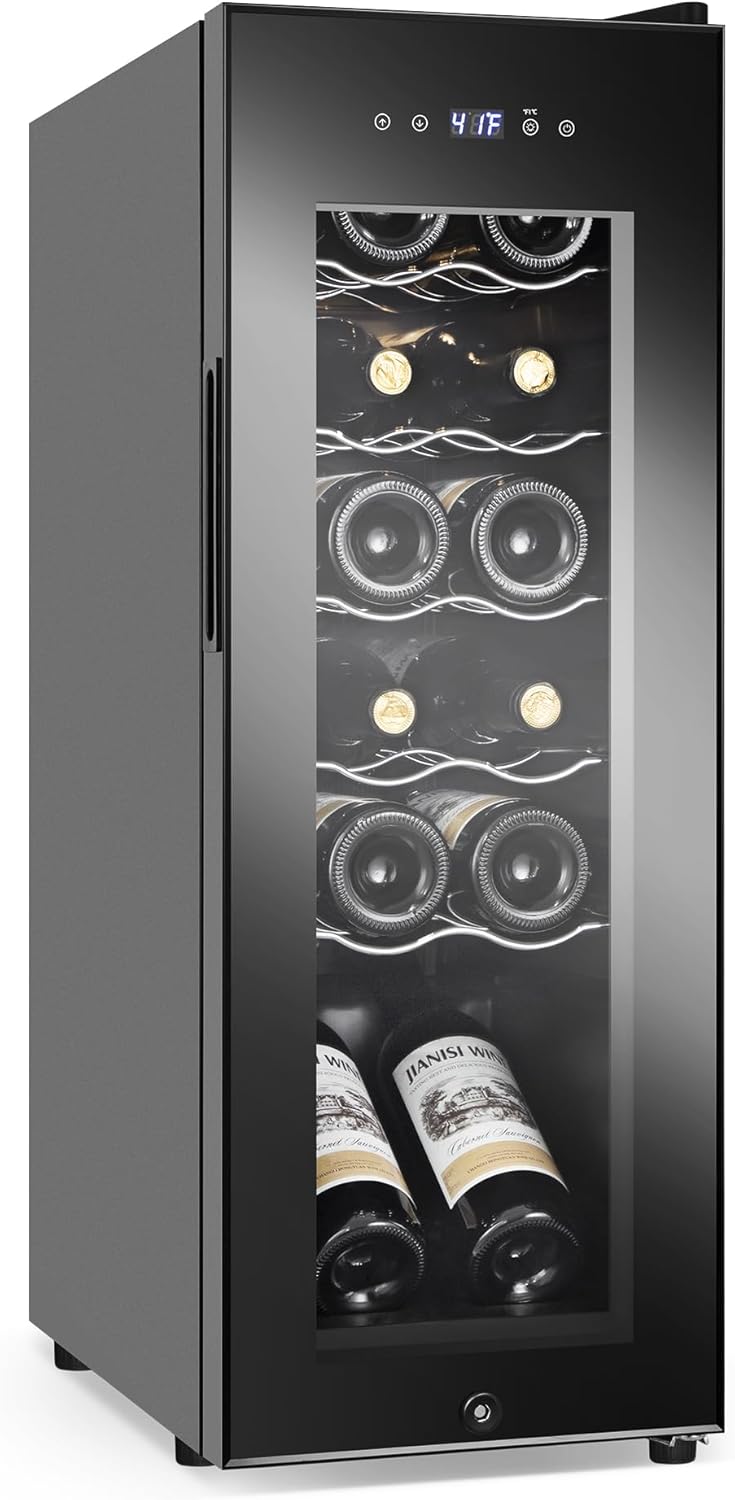 Wine Cooler Refrigerator 12 Bottles, Small Wine Fridge Mini Wine Fridge Countertop with Glass Door Wine Cellars for Red Wine, Champagne, Dry White Wine, Sparkling Wines