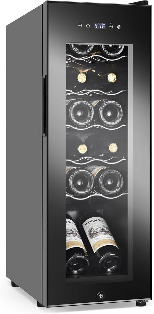 Wine Cooler Refrigerator 12 Bottles, Small Wine Fridge Mini Wine Fridge Countertop with Glass Door Wine Cellars for Red Wine, Champagne, Dry White Wine, Sparkling Wines