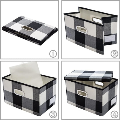 PRANDOM Collapsible Storage Bin with Lid [3-Pack] Fabric Foldable Storage Box Organizer Container Basket Cube with Cover for Home Bedroom Closet Office Nursery Black and White Grid(14.9x9.8x9.8)