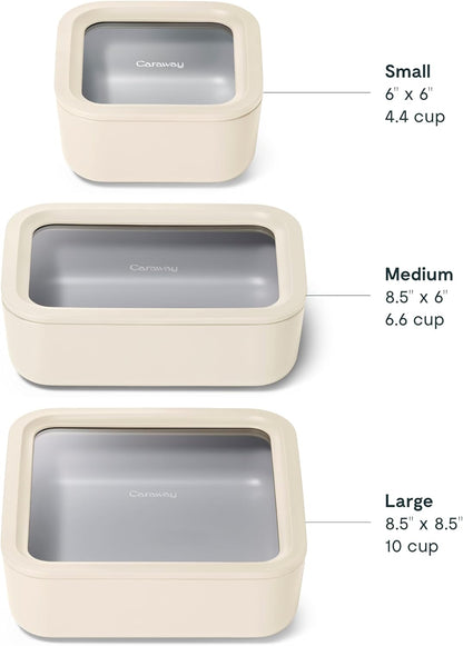 Caraway 3pc Glass Food Storage Set – 10 Cup, 6.6 Cup, & 4.4 Cup Food Containers - Ceramic Coated - Non Toxic Non Stick Lunch Box with Glass Lids - Dishwasher, Oven, & Microwave Safe - Cream