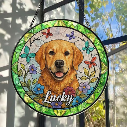 Custom Dog Suncatcher with Pet Name, Personalized Stained Glass Window Hanging Art, Unique Memorial Gift for Dog Lovers, Pet Remembrance Keepsake, Decorative Home Window Ornament