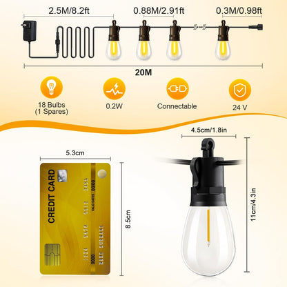 Outdoor String Lights Patio LED Light Outside - 20M 18+1 S14 LED with Remote Control 65ft Porch Lighting IP65 Waterproof