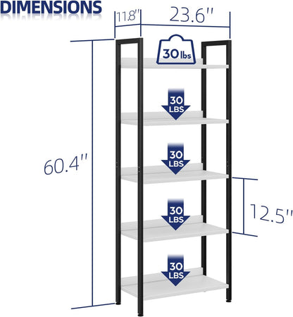 NUMENN Bookshelf, 5 Tier Bookshelves, Home Office Bookcase Shelf Storage Organizer, Free Standing Storage Shelving Unit for Bedroom, Living Room and Home Office, White&Black
