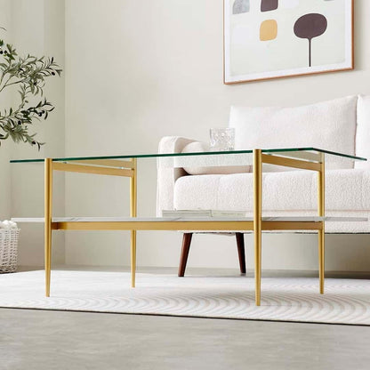 Rectangle Coffee Table for Living Room, Mid-Century Modern Design, L41 x W21 x H17, 2-Tier Structure, Clear Glass Top and White Marble Finish Wood Shelf, Conical Legs with Gold Finish