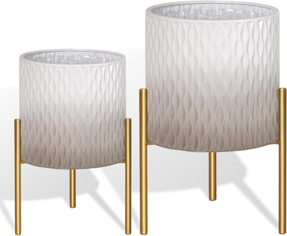 ARNIS Plants Pots with Stand, Set of 2 Indoor Planter Pots, Unique Mid Century Decorative Metal Flower Pots with Drainage,8.25 & 10.5 Inch, Grey and White