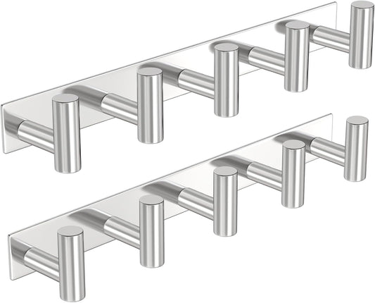 PMMASTO Coat Rack Wall Mounted, 5 "T Shaped Wall Hooks for Hanging, Heavy Duty Stainless Steel Coat Hook Rail for Hat Towel Robes in Bathroom Kitchen Mudroom Entryway (Silver, 2 Pack)
