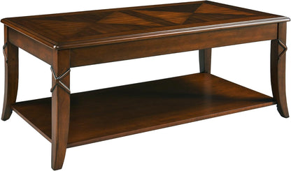 Solid Wood Coffee Table with Storage Shelf, Mid-Century Living Room Tables with Carved Tabletop and Leg, 43.3” Splicing Cocktail Center Sofa Table, Cherry Brown KFZ-DR200
