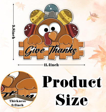 Give Thanks Sign Turkey Front Door Decor Thanksgiving Day Wood Door Hanger, Fall Wooden Thankful Wreath Hanging Decoration for Outdoor Outside Porch, Housewarming Gift