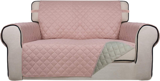 PureFit Reversible Quilted Sofa Cover, Water Resistant Slipcover Furniture Protector, Washable Couch Cover with Non Slip and Elastic Straps for Kids, Dogs, Pets (Loveseat, Pink/Beige)