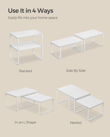 SONGMICS Cabinet Organizer Shelf, Set of 2 Kitchen Counter Shelves, Kitchen Storage, Spice Rack, Stackable, Expandable, Metal and Engineered Wood, Cloud White and Snow White UKCS02W01
