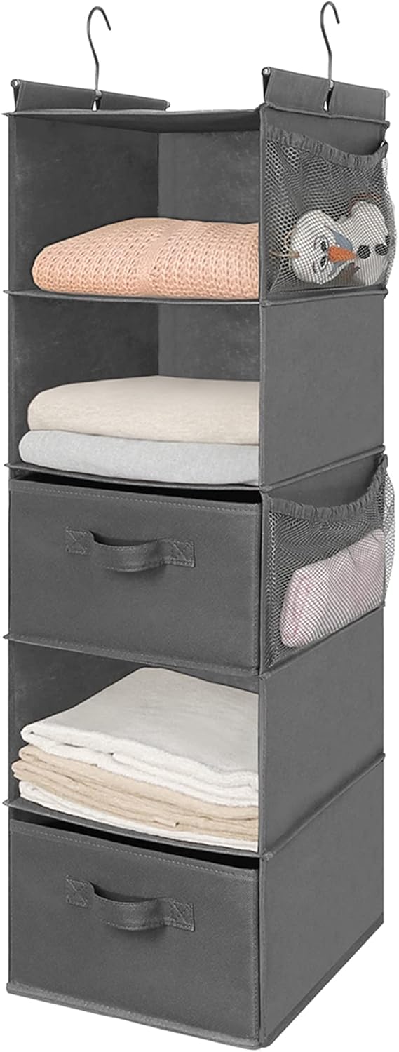 MAX Houser 5 Tier Shelf Hanging Closet Organizer, Cloth Hanging Shelf with 2 Sturdy Hooks for Storage, Foldable (Grey-D2)