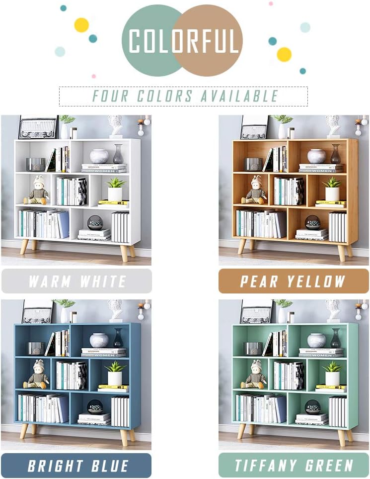 IOTXY Wooden Open Shelf Bookcase - 3-Tier Floor Standing Display Cabinet Rack with Legs, 7 Cubes Bookshelf, Pear Yellow