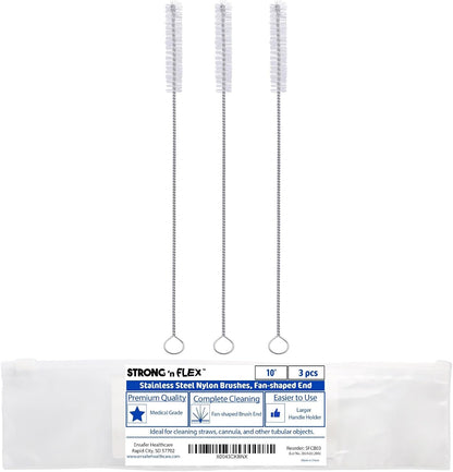 Strong 'n Flex Nylon Straw Cleaner Brushes – Fan-Shaped End for Tight Spaces, Ideal for Reusable Straws, Water Bottles, Sippy Cups & Pipes – Includes Zippered Pouch – 10" Long – Set of 3