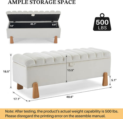 Storage Ottoman Bench for Bedroom Small Spaces 48.6 Inch with Hinged Lid Solid Wood Tapered Legs Tufted Upholstered Fabric for Living Room & Bedroom, Beige