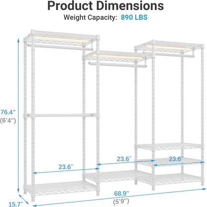 VIPEK V5L Garment Rack Heavy Duty Clothes Rack with Dimmable LED Lights, 3000K Warm White, Portable Closet Wardrobe Freestanding Metal Clothing Rack for Hanging Clothes, Max Load 890lbs, White