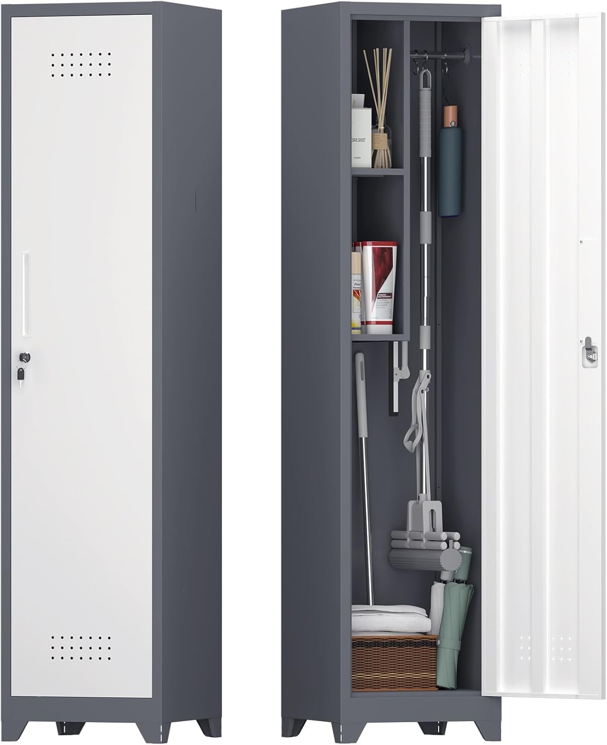 Storage Cabinet,Slim Broom Closet Storage Cabinets with Lockable Doors,Narrow Utility Cabinets with Hanging Rod,Tall Broom Closet for Laundry,Home Office,Grey-White