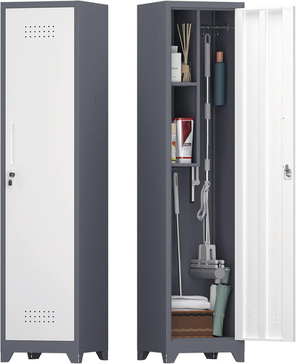 Storage Cabinet,Slim Broom Closet Storage Cabinets with Lockable Doors,Narrow Utility Cabinets with Hanging Rod,Tall Broom Closet for Laundry,Home Office,Grey-White