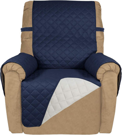 PureFit Reversible Quilted Sofa Cover, Water Resistant Slipcover Furniture Protector, Washable Couch Cover with Non Slip and Elastic Straps for Kids, Dogs, Pets (Small Recliner, Navy/Ivory)