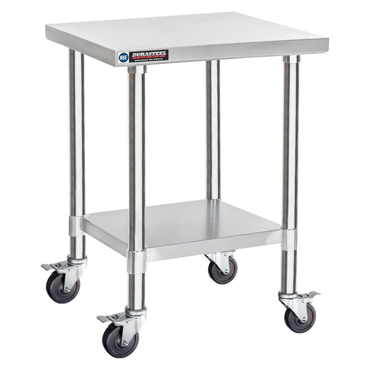 DuraSteel 24x24 NSF Stainless Steel Cart Work Table - Heavy Duty Rolling Food Prep Table - Metal Utility Cart on Wheels Caster, Grill Stand Microwave Outdoor Kitchen Tables Countertop Island Large Top