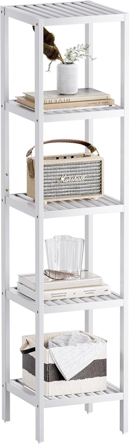 SMIBUY Bathroom Storage Shelf, 5-Tier Bamboo Rack Organizer, Multifunctional Shelving Unit for Living Room Bedroom Kitchen (White)