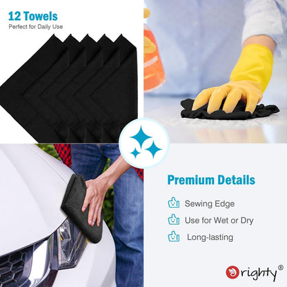Orighty Microfiber Cleaning Cloth, 12 Pack Microfiber Towels for Cars, Highly Absorbent Car Cleaning Supplies, Lint Free Cloths Clean Rags for Car Care, House, Kitchen, 12x12 inch, Black