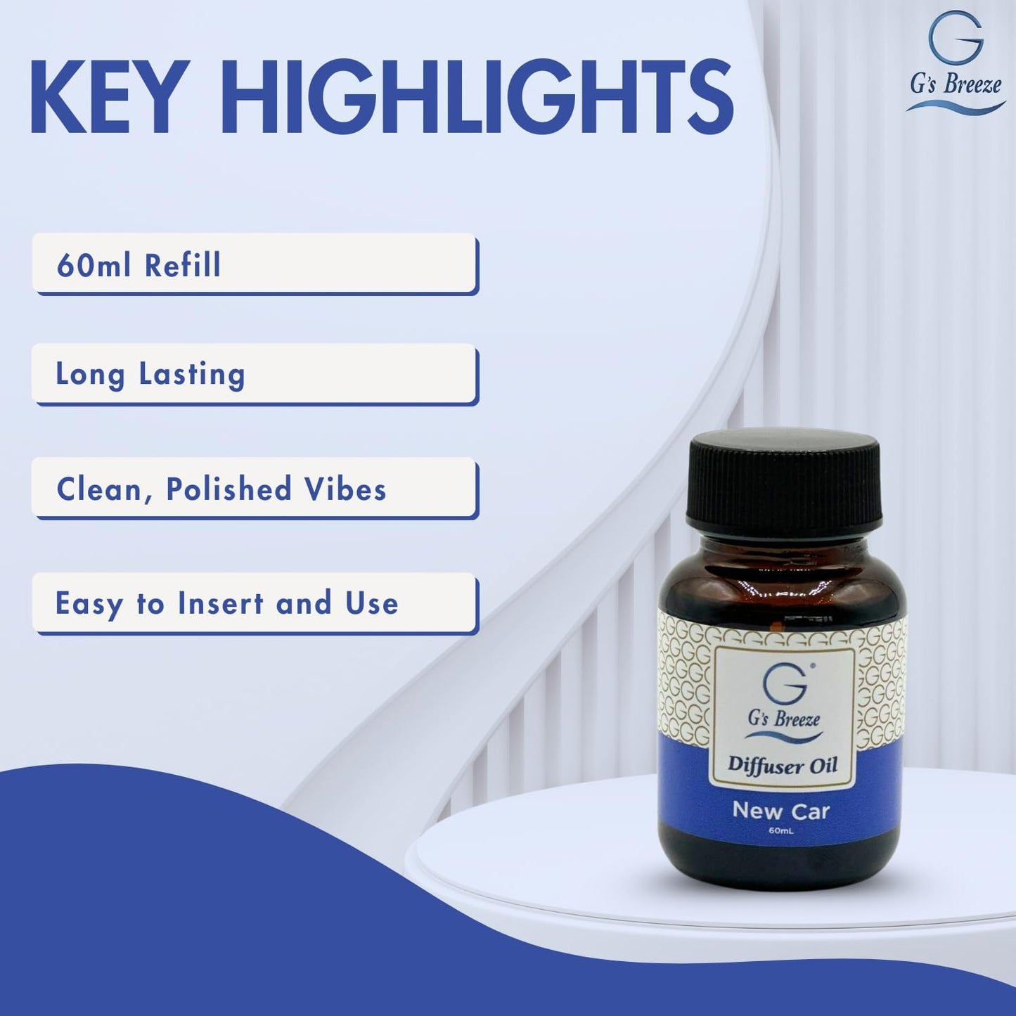 G's Breeze New Car Diffuser Oil Refill - Crisp & Fresh Scent Inspired by Luxury Vehicles – Long-Lasting Freshness for Home & Office – Enjoy a Refreshing Clean Aroma - 60 ML