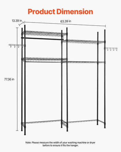 VEVOR Over The Washer and Dryer Storage Shelf, 4 Tier Laundry Room Drying Rack with Hanger Rod and Hooks, Adjustable Over Washer and Dryer Shelves, Laundry Room Shelf Storage Space Saver, Black