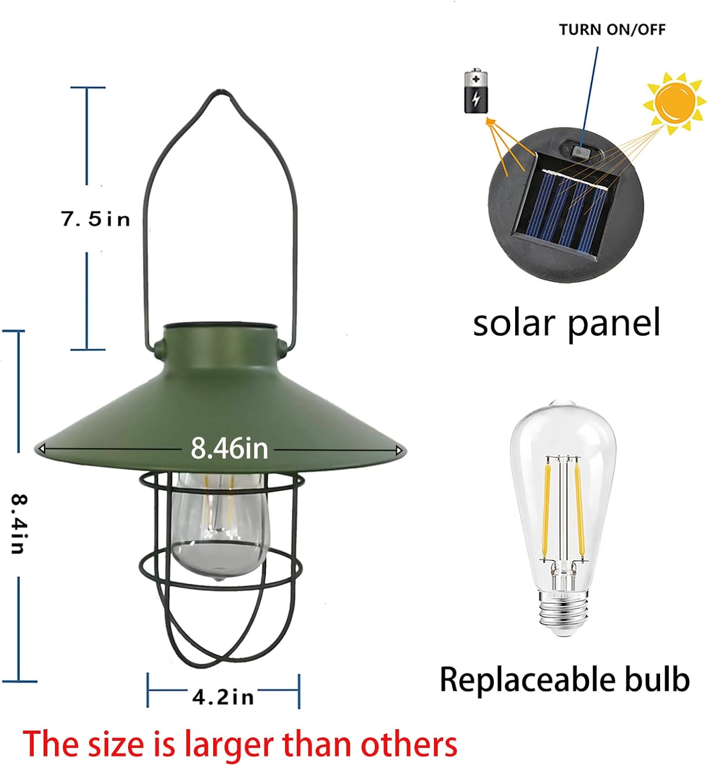 pearlstar Solar Lantern Outdoor Hanging Light Metal Farmhouse Solar Lamp with Warm White Edison Bulb Design for Garden Yard Patio Proch Decor(Green)