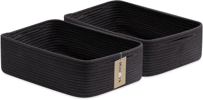 Large Shallow Organizing Baskets 15x11x5.1 Inches - Rope Woven Storage Bins for Bathroom, Shelves, Cube Closet, Black 2 Packs