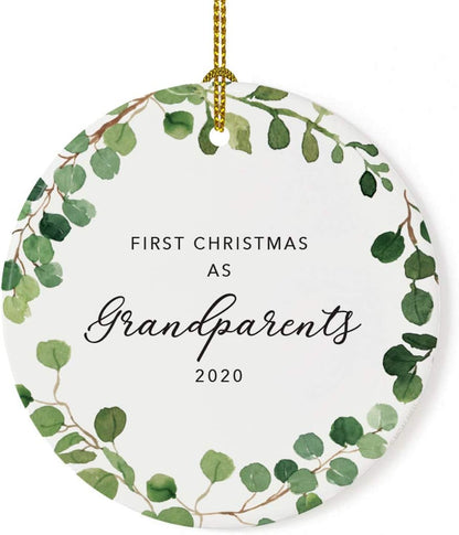 Andaz Press Custom Year Round Ceramic Porcelain Christmas Tree Ornament Keepsake Collectible Gift, First Christmas as Grandparents 2025, Farmhouse Eucalyptus Wreath, 1-PackNew