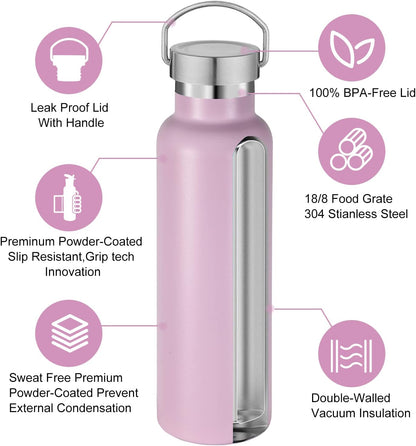 Neihepal 20 oz Insulated Water Bottles Bulk 8 Pack,Stainless Steel Double Wall Sport Bottle with Lid of Handle,Metal Reusable Flask with Cup Cap for School,Hikers,Gift (Pink,Set of 8)