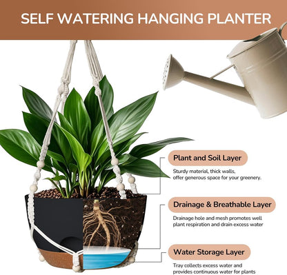 12 Inch Hanging Baskets for Plants Outdoor, Hanging Planters for Indoor Outdoor Plants, Hanging Planter with Self Watering, Hanging Flower Pots (Black Planter with Macrame + Iron Hangers)