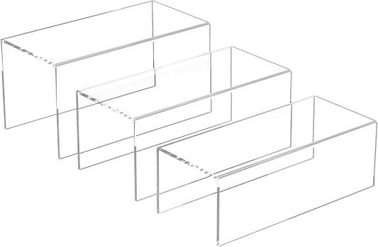 Clear Display Risers Shelf 3pcs, Countertop Rectangular Acrylic Display Storage Organizer, Acrylic Stands for Funko Pop Figure, Cosmetics, Bags, Shoes, Toys, Collectibles - 12- 4'', 5'', 6''