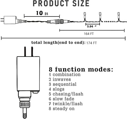 Dazzle Bright 164 FT 500 LED Christmas String Lights, Waterproof Green Wire String Lights with 8 Modes, Outdoor Christmas Decorations for Indoor Garden Party Yard Decor (Warm White)