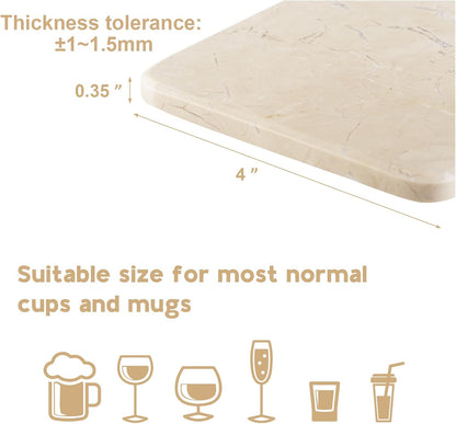 BCS Marble Coasters Set of 5 with Holder, Square Stone Drink Coasters for Coffee, Wine and Cocktails, Non-Slip Durable Cup Mats, Elegant Home, Bar & Kitchen Table Decor (Crema Beige)