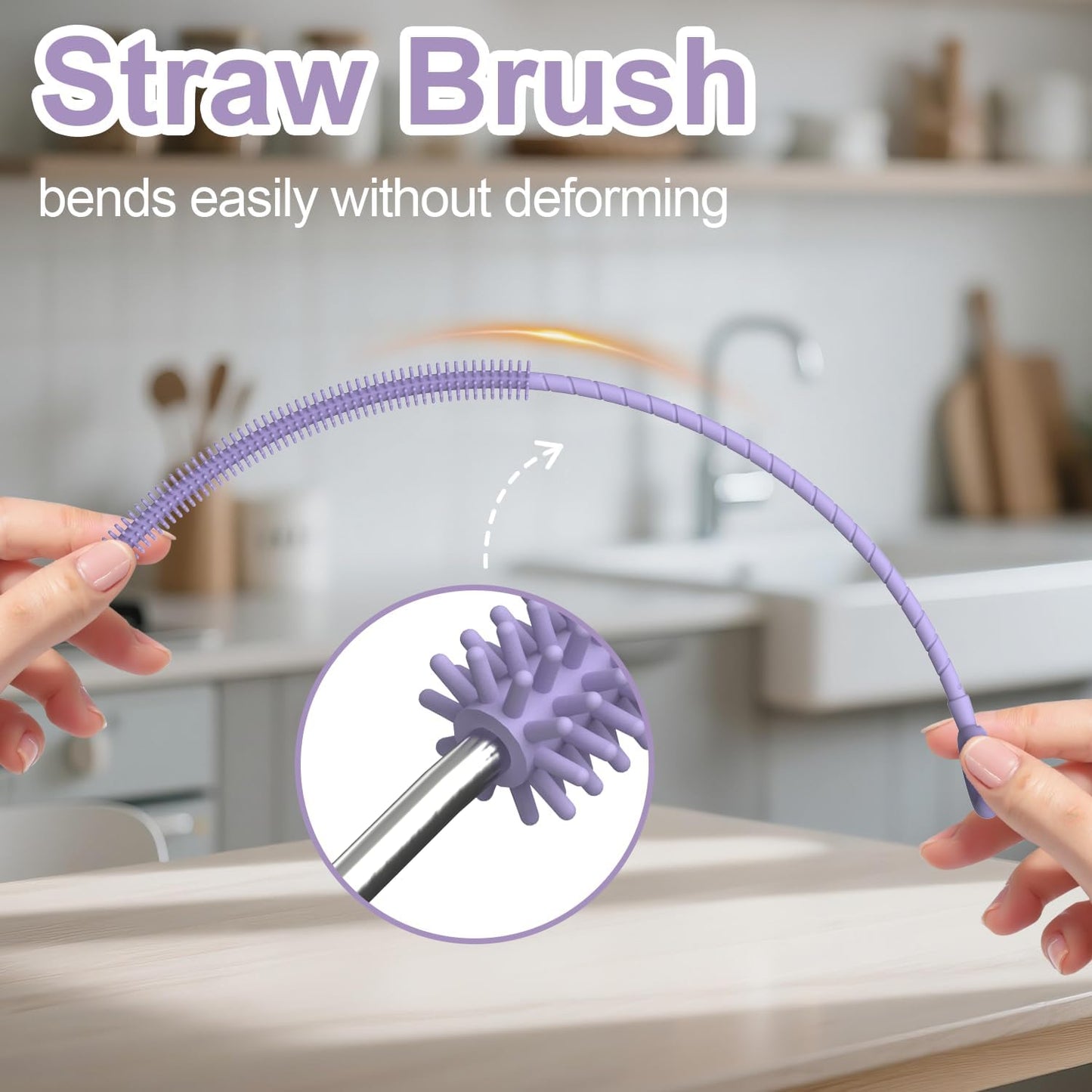 YOTIME Silicone Straw Cleaner Brush, 2 Pcs Reusable Straw Brush(6mm+9mm) for Cleaning Narrow & Wide Straws, Tumblers, Purple