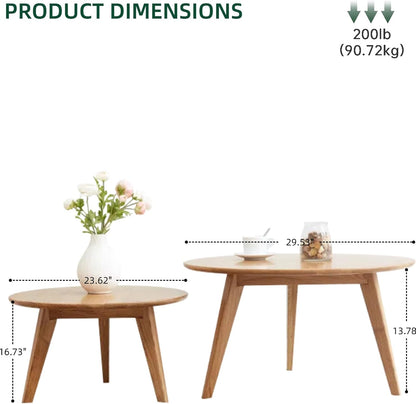 100% Solid Oak Wood Coffee Table Set, Round Coffee Table Combo Side Table w/Solid Wood Legs, Mid Century Table Sturdy Tables for Bedroom Balcony Living Room (Natural, Big-Medium Combo)