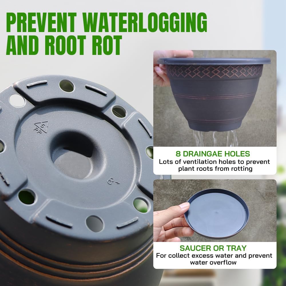 6 Pack 8 Inch Plant Pots, Plastic Flower Pot for Indoor & Outdoor with Drainage Holes & Saucer, Plaid Pattern Planters Garden Pots for Herbs