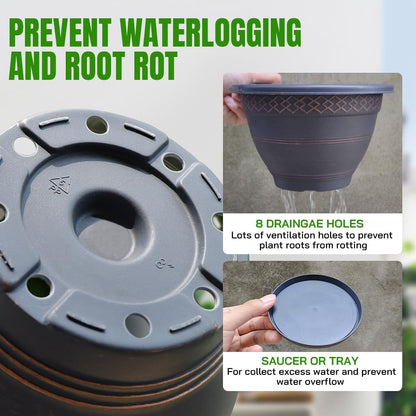 6 Pack 8 Inch Plant Pots, Plastic Flower Pot for Indoor & Outdoor with Drainage Holes & Saucer, Plaid Pattern Planters Garden Pots for Herbs