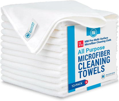 MW Pro Microfiber Cleaning Cloth | White (12 Pack) | Size 16" x 16" | All Purpose Microfiber Towels - Clean, Dust, Polish, Scrub, Absorbent