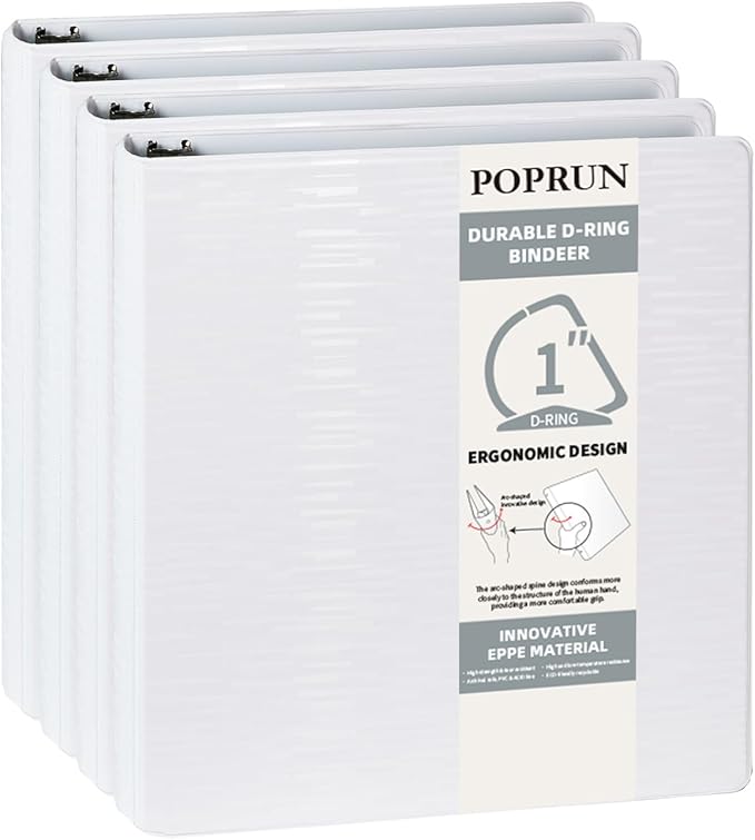 POPRUN 3 D Ring Binder 1 Inch, PVC-Free, Holds 225 Sheets of 8.5 x 11 Paper, Extra Durable Organizer with 2 Pockets for School & Office, Heavy-Duty, 4 Pack, White