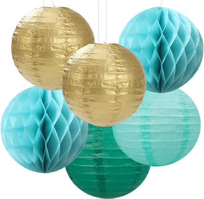 Sage-Green Teal-Blue Party-Decorations Streamers Lanterns - 14pcs Rustic Wedding Baby Shower Paper Lanterns Fan,Tissue Pom Poms,Honeycomb Balls,Birthday Bachelorette Engagement Bridal Decor Ouruola